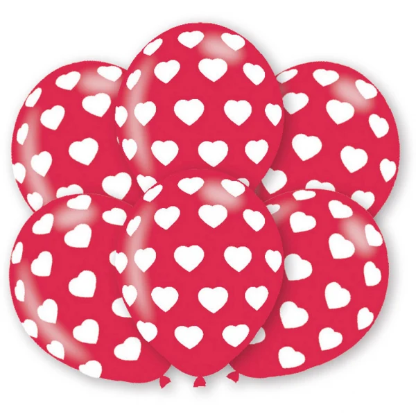 "Herzen" Runde Latexballon Luftballons 27,5 cm - 6 Stück Rot Weiß