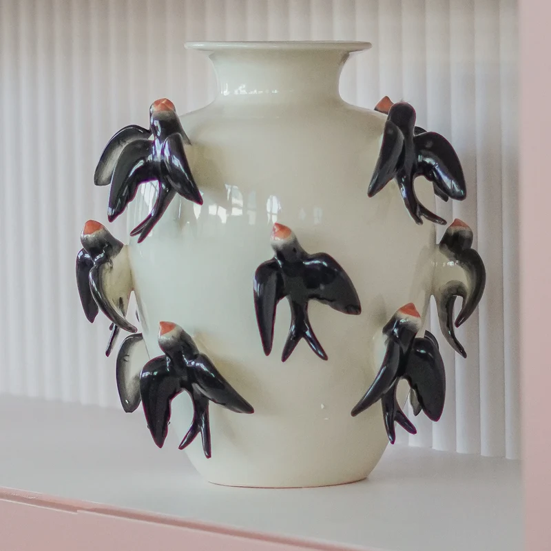 Porzellan Vase Schwalben, Weiß Ø 34 x H 35 cm