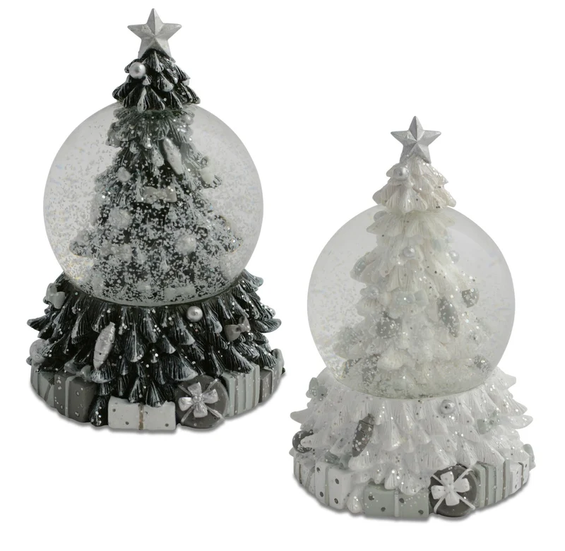 Schneekugel Tannenbaum 12 cm | Weiß & Anthrazit