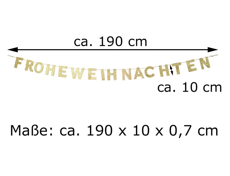 Holz Girlande mit Schriftzug "Frohe Weihnachten" 190x10 cm | 12454 - Gold