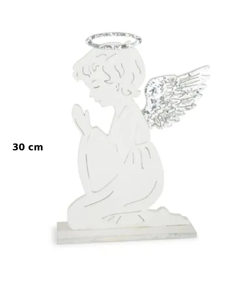 Deko-Engel - Kniend & betend, 30 cm - Weiß-Silber aus Holz - 70104