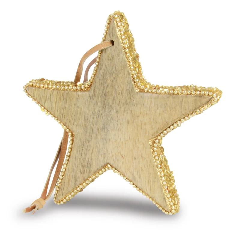Hängedeko Holz Stern mit Pailletten | Gold 13 cm