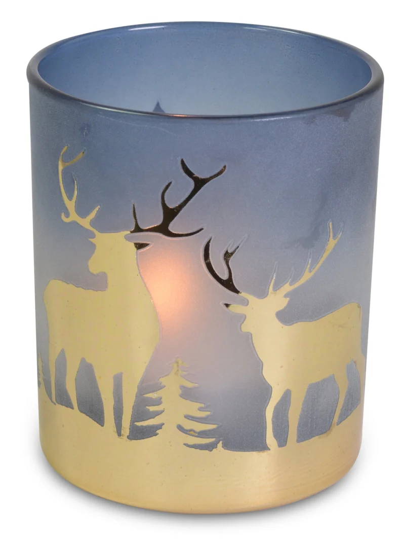 Kerzenglas mit goldenem Hirsch | Blau Gold | Glas 7×8 cm | Weihnachtsdeko | 19900