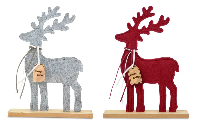 Deko Hirsch Filz auf Holzsockel | 18x23 cm | 2 Farben sortiert Grau Rot | 75263