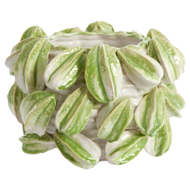 Keramikvase CARAMBOLA cremeweiß/grün mit Sternfrucht-Design H23cm