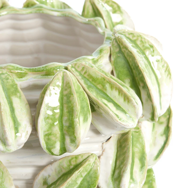 Keramikvase CARAMBOLA cremeweiß/grün mit Sternfrucht-Design H23cm
