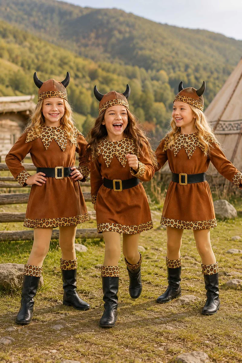 Wikinger Barbarin Kostüm Mädchen | Kleid mit Helm, Gürtel & Stiefelüberziehern