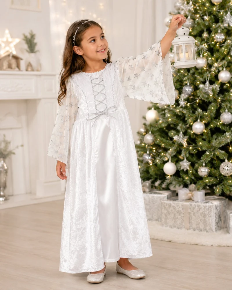 Kinder Engelskostüm "Lea" mit Sternen - Weiß Silber | Christkind Kleid Weihnachten