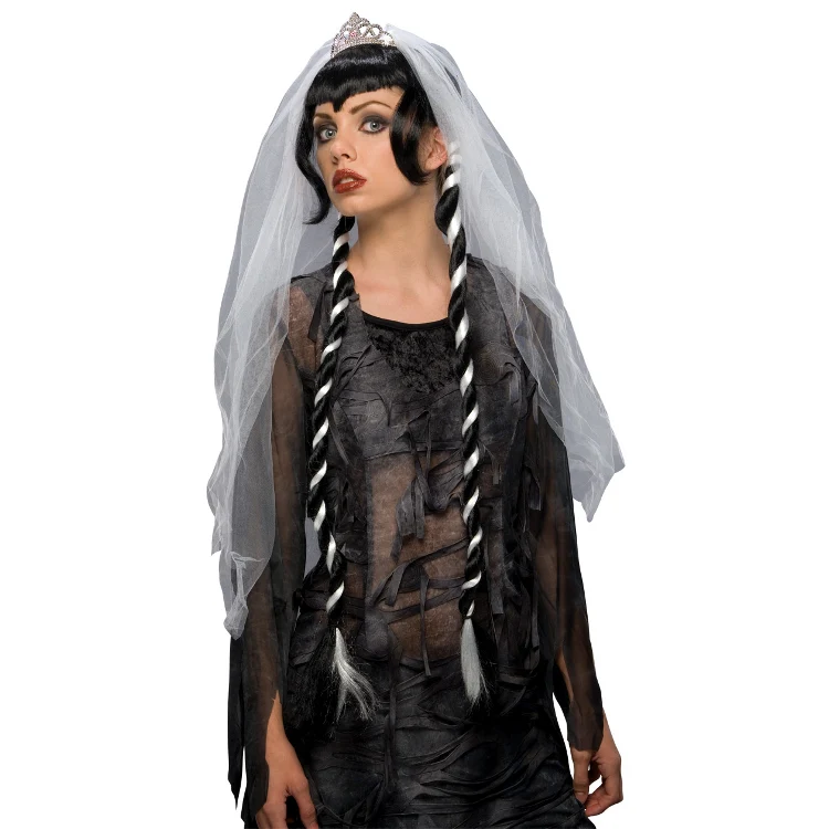 Perücke Gothic Braut + Tiara