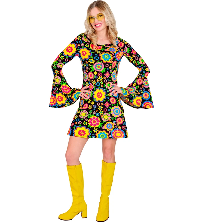 Retro Damen Kleid "Colorful Flowers" | Mehrfarbig - Kostüm 60er 70er Jahre