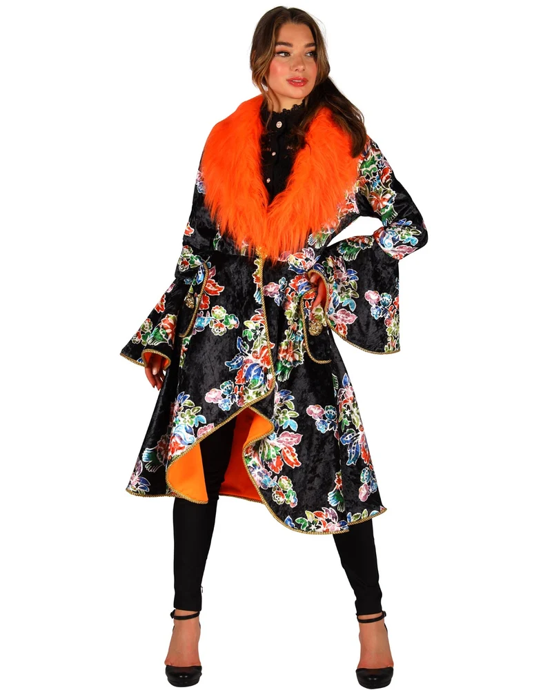 Karneval Jacke für Damen mit Fellbesatz und Blumenmuster | Schwarz Orange