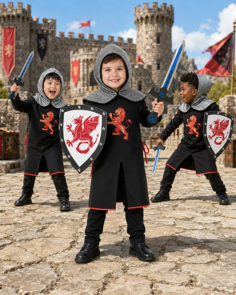 Ritter Set Löwe Kinder 4-tlg.  Tunika, Haube, Schild & Schwert 38 Jahre