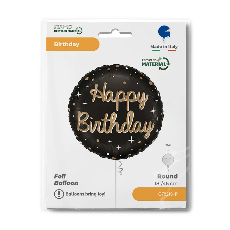 18"/Ø46cm Folienballon "Sparkling Black" | Happy Birthday