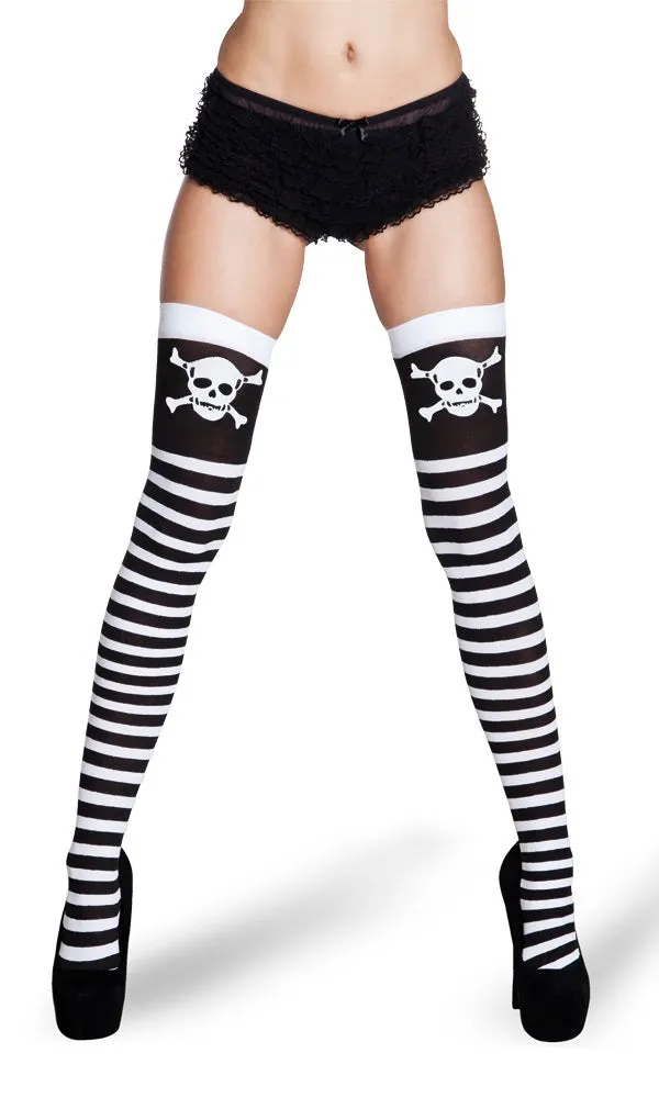 Halterlose Strümpfe Pirat für Damen - Schwarz Weiß mit Totenkopf