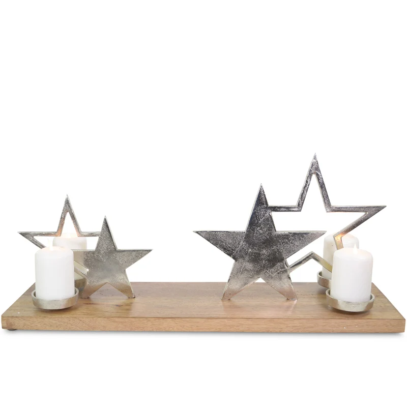 XL Holz Adventskerzenhalter mit Sternen - Silber 68x20x30 cm | 24614 - Adventskranz