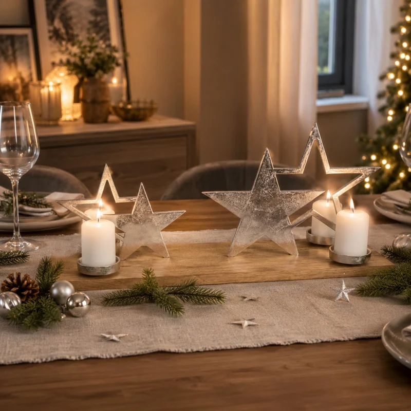 XL Holz Adventskerzenhalter mit Sternen - Silber 68x20x30 cm | 24614 - Adventskranz
