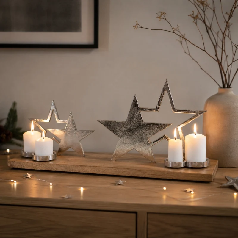 XL Holz Adventskerzenhalter mit Sternen - Silber 68x20x30 cm | 24614 - Adventskranz