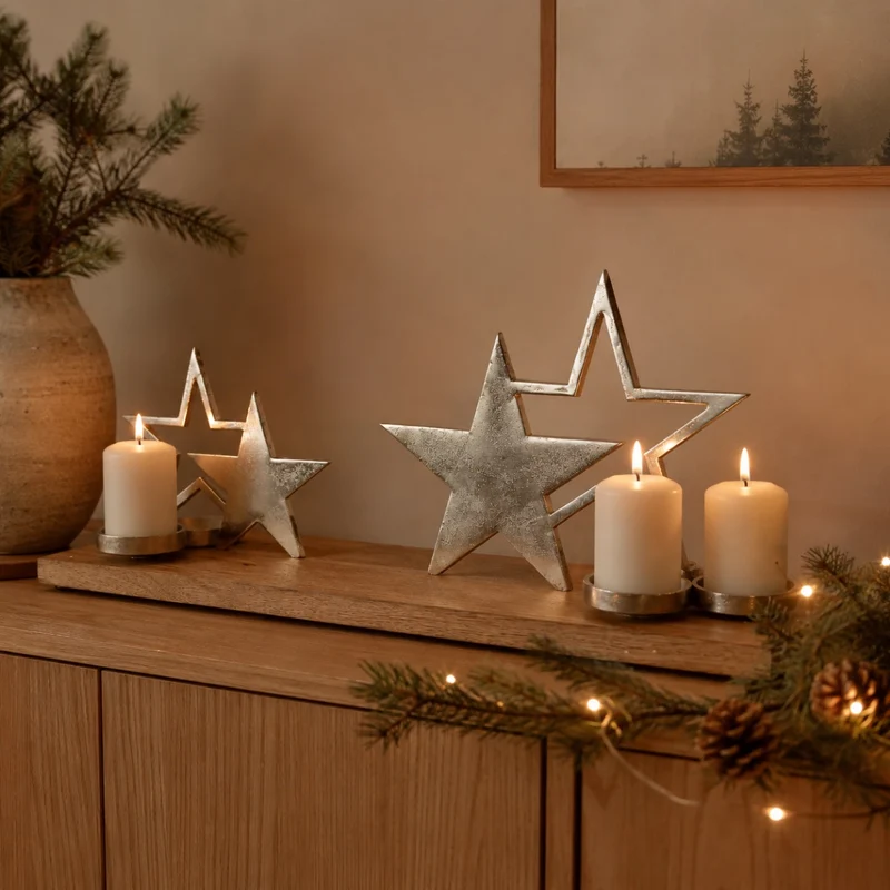 XL Holz Adventskerzenhalter mit Sternen - Silber 68x20x30 cm | 24614 - Adventskranz