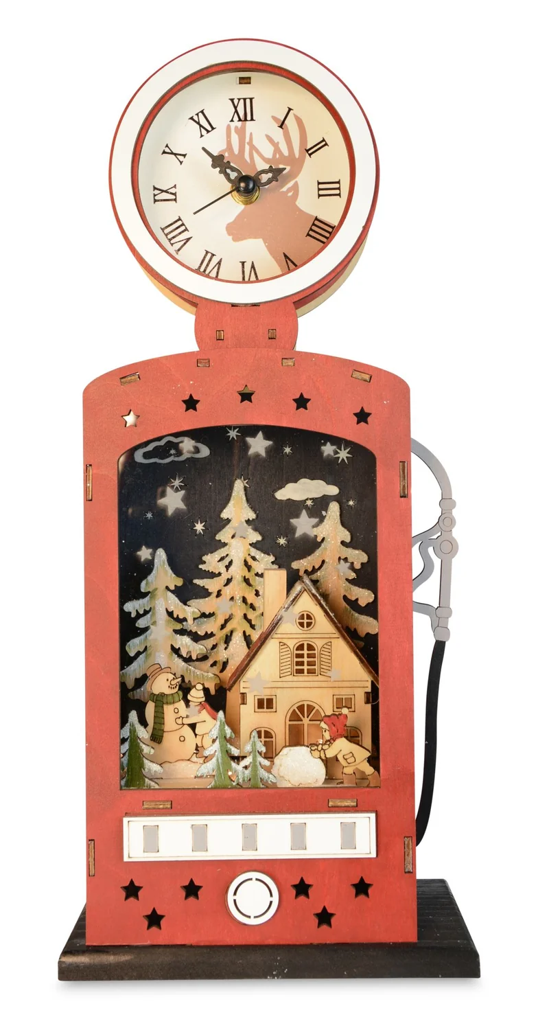 Weihnachtsdeko Retro-Zapfsäule mit Uhr & LED | Holz Rot | 14×40 cm | 76206