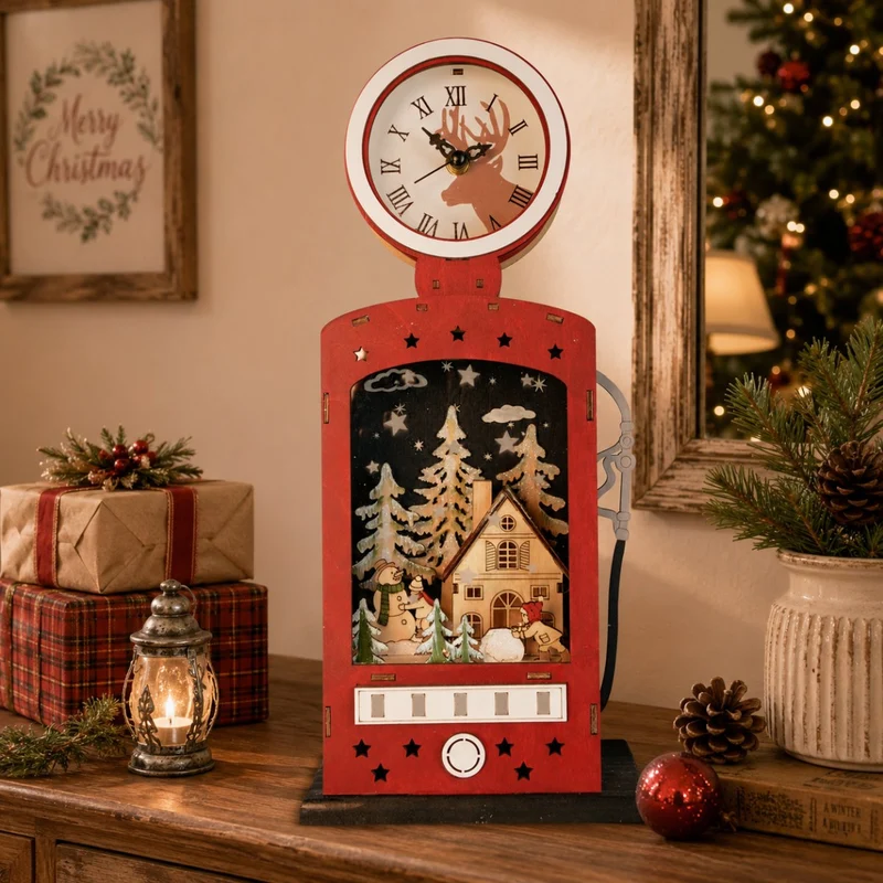 Weihnachtsdeko Retro-Zapfsäule mit Uhr & LED | Holz Rot | 14×40 cm | 76206
