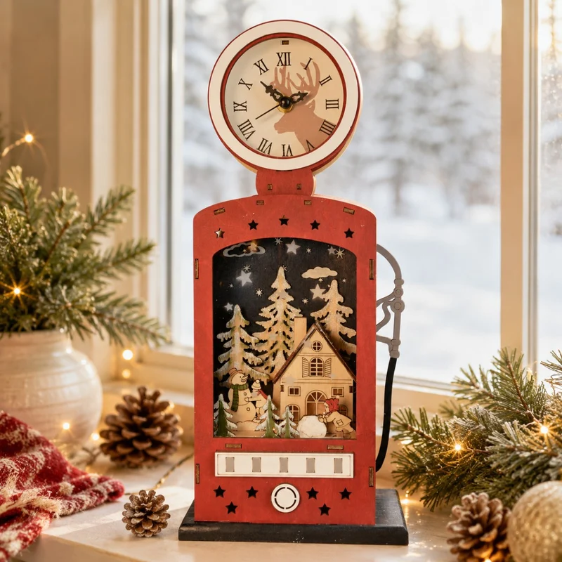 Weihnachtsdeko Retro-Zapfsäule mit Uhr & LED | Holz Rot | 14×40 cm | 76206
