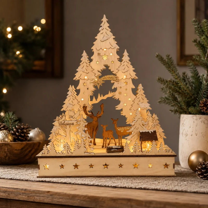 Riffelmacher LED Schwibbogen "Hirsche und Tannen" 29 x 39 cm - 76145 | Natur