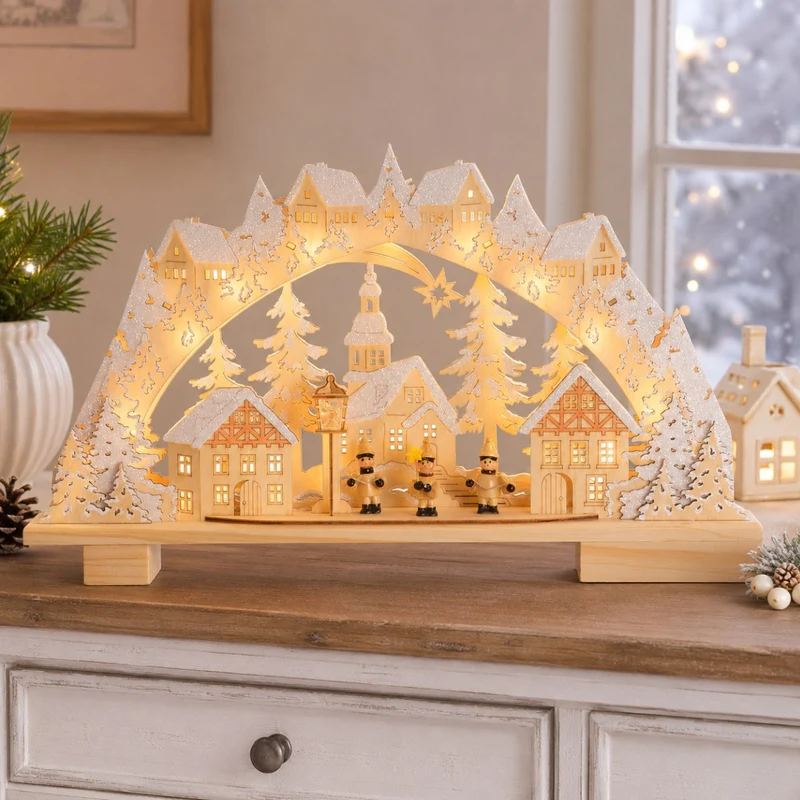 Riffelmacher LED Schwibbogen "Kurrendesänger im Dorf" 45 x 27 cm - 76242 | Natur Weiß