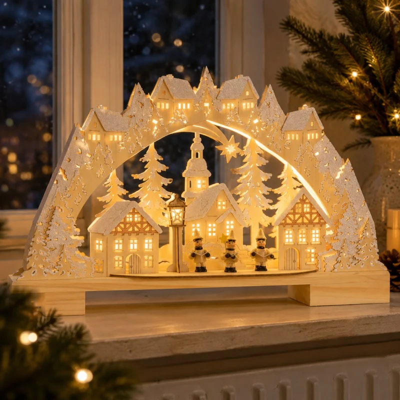 Riffelmacher LED Schwibbogen "Kurrendesänger im Dorf" 45 x 27 cm - 76242 | Natur Weiß