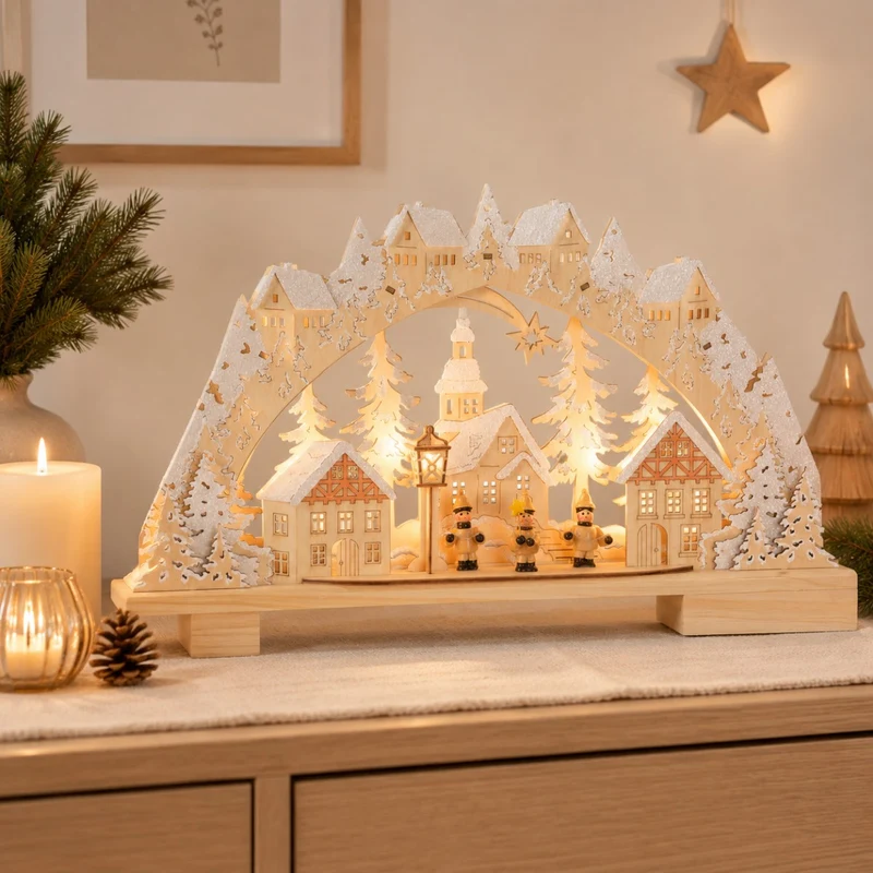 Riffelmacher LED Schwibbogen "Kurrendesänger im Dorf" 45 x 27 cm - 76242 | Natur Weiß