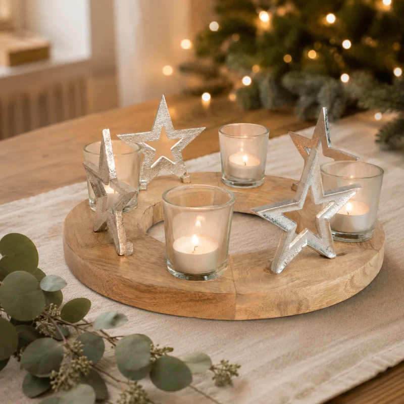 Adventskerzenhalter mit Sternen und Teelichtgläsern Ø 30 cm - Silber 70337 | Adventskranz