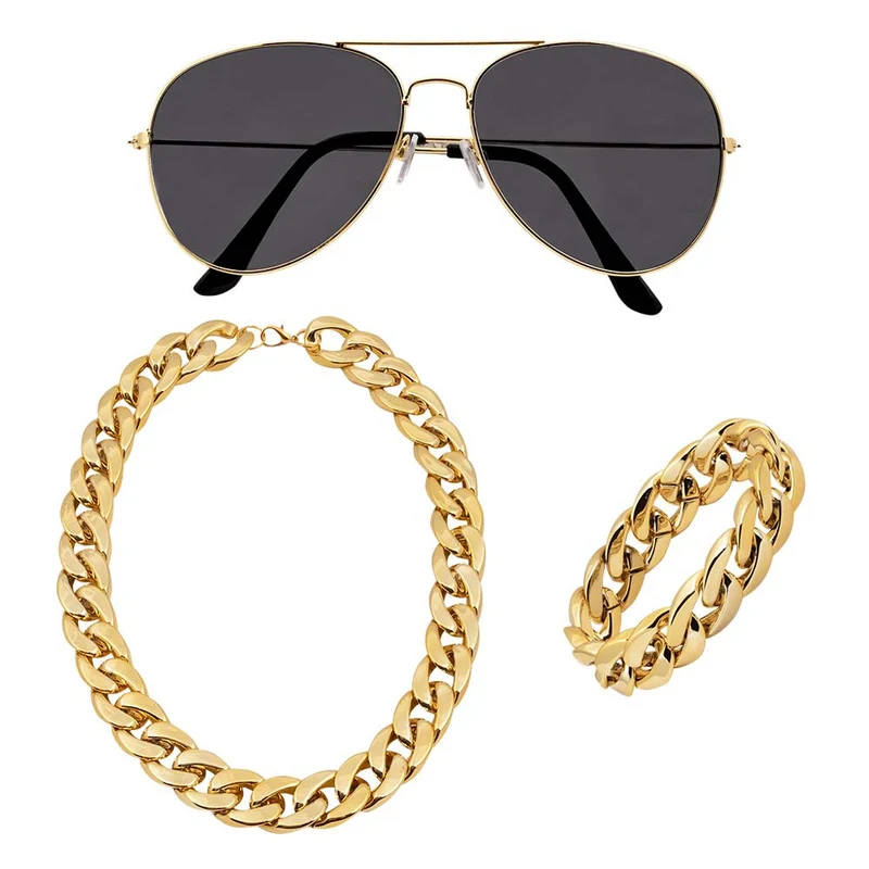 Pimp Kostümset - Goldene Halskette Armband Brille | Macho Rapper Rocker Kostüm