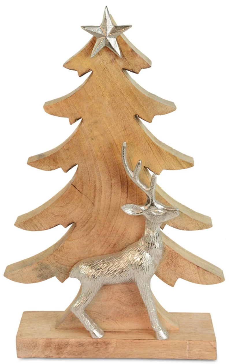 Riffelmacher Deko Weihnachtsbaum mit Hirsch 74553 - Mangoholz Aluminium - Natur Silber - 39,5 x 24,5