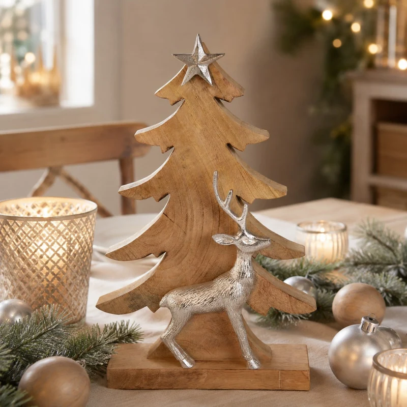 Riffelmacher Deko Weihnachtsbaum mit Hirsch 74553 - Mangoholz Aluminium - Natur Silber - 39,5 x 24,5