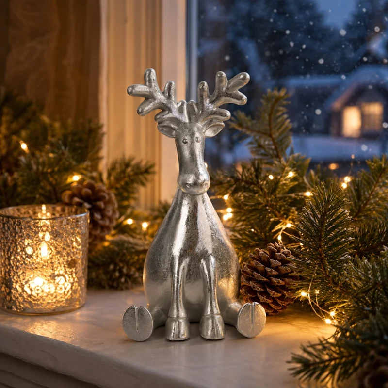 Riffelmacher Dekofigur Elch "Harry" Sitzend, silberfarben 15×27 cm - Edle Adventsdekoration & Winterdeko - 12314