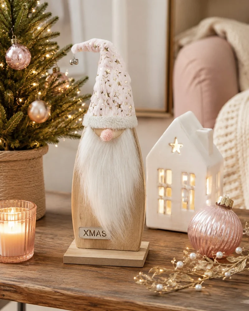 Weihnachtsmann Figur | Holz Rosa mit Stoffmütze | 14×40 cm | 74344