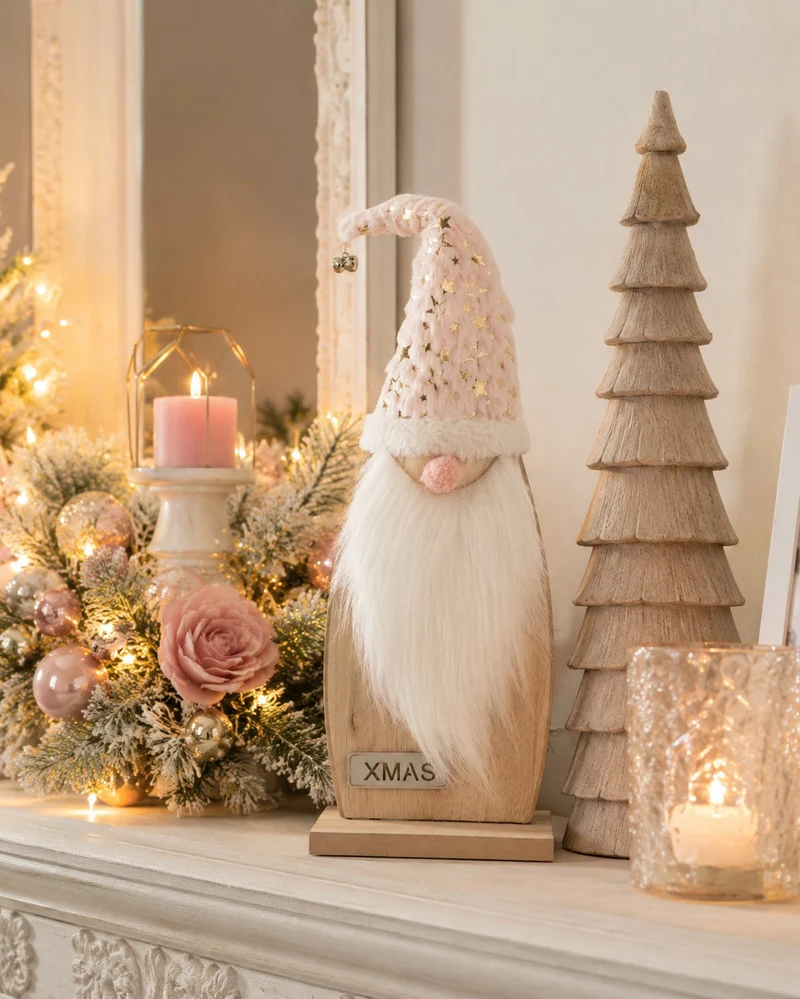 Weihnachtsmann Figur | Holz Rosa mit Stoffmütze | 14×40 cm | 74344