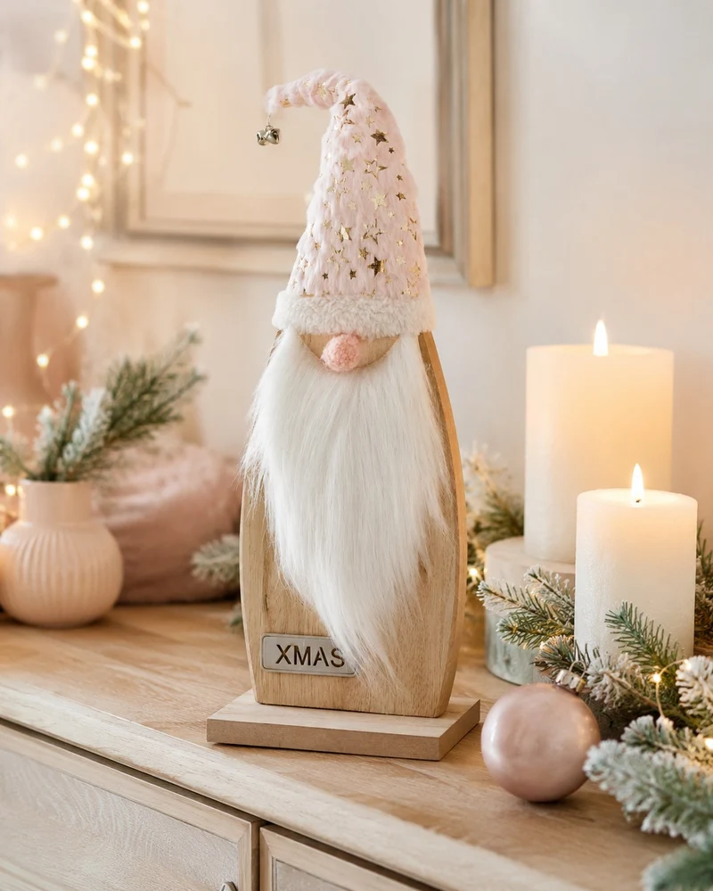 Weihnachtsmann Figur | Holz Rosa mit Stoffmütze | 14×40 cm | 74344