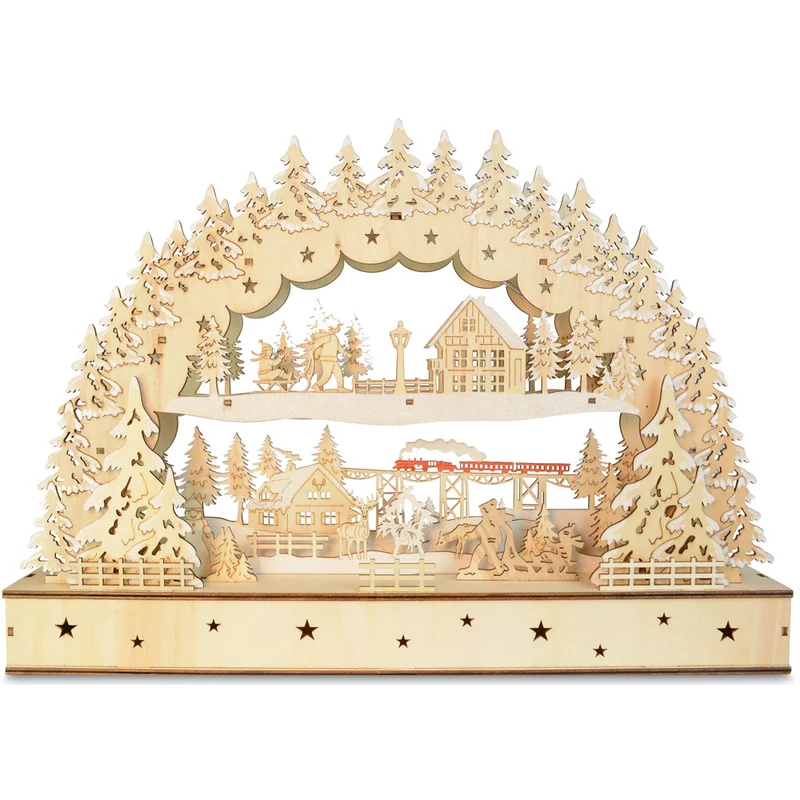 Schwibbogen "Dorflandschaft mit Zug" 45 x 32 cm - LED Fensterleuchter mit Timer | 76119