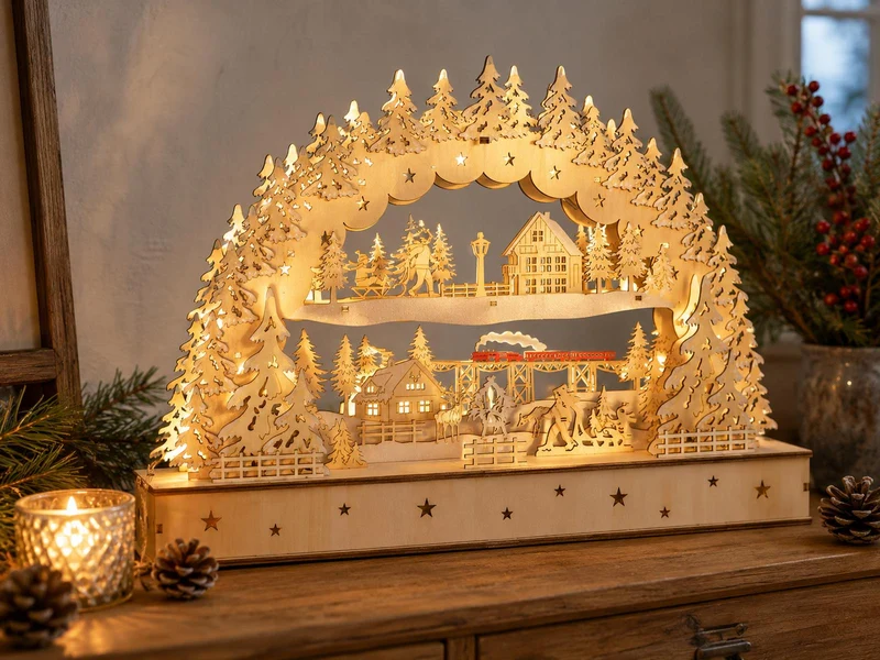 Schwibbogen "Dorflandschaft mit Zug" 45 x 32 cm - LED Fensterleuchter mit Timer | 76119