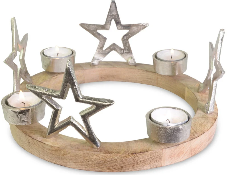 Holz Adventskranz mit Sternen für Teelichter Ø 25 cm | 75219 - Silber Kerzenhalter