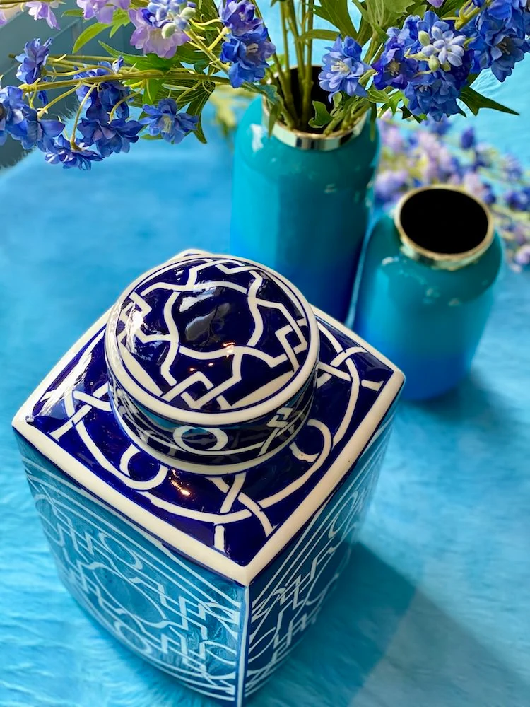 Deckelvase INDIGO blau-weiss Ø21x38,5cm