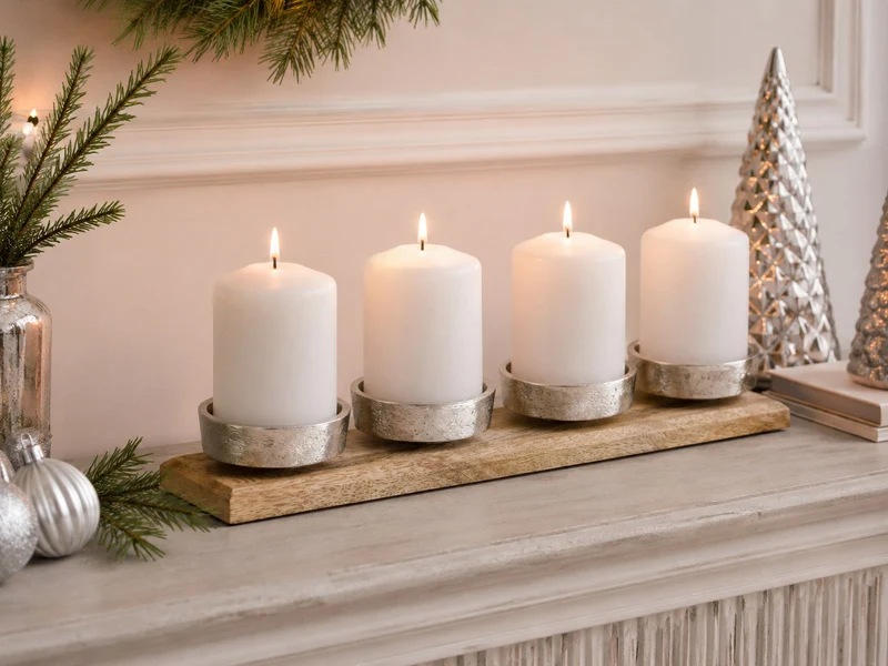 Adventsleuchter | 4 Kerzenhalter | Alu & Holz Silber | 38,5 x 7,5 x 4 cm | 11746