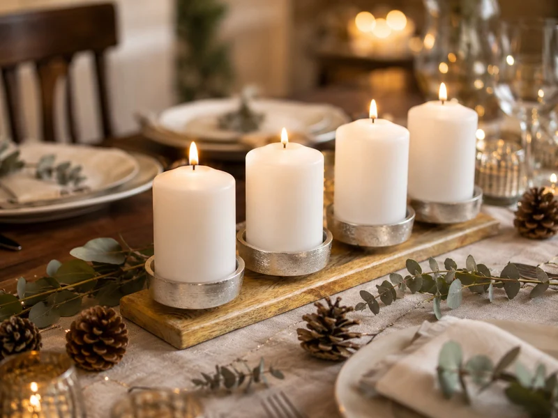 Adventsleuchter | 4 Kerzenhalter | Alu & Holz Silber | 38,5 x 7,5 x 4 cm | 11746