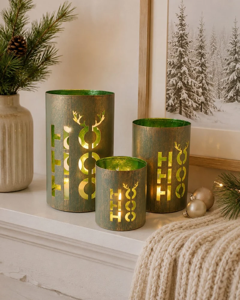 Laternen 3er Set "HoHoHo" | Grün | Metall | Verschiedene Größen bis 20×12,5 cm | 13435
