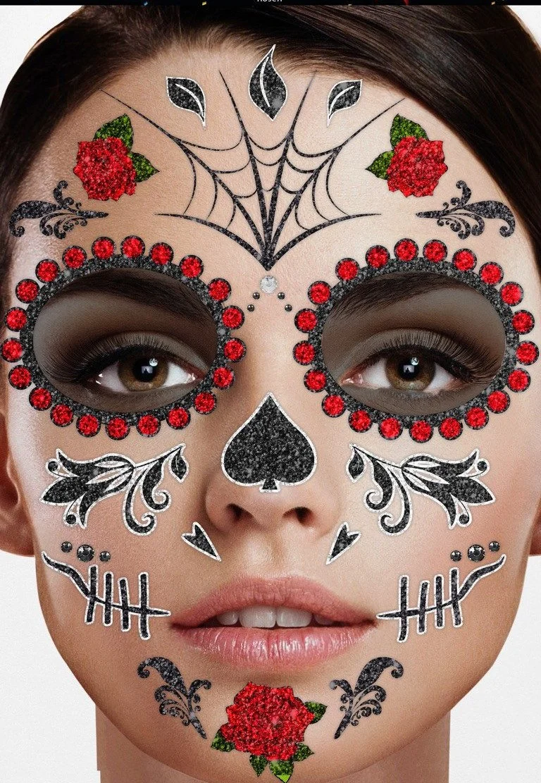 Halloween Gesichts-Tattoo "Black Roses" | Rot Schwarz