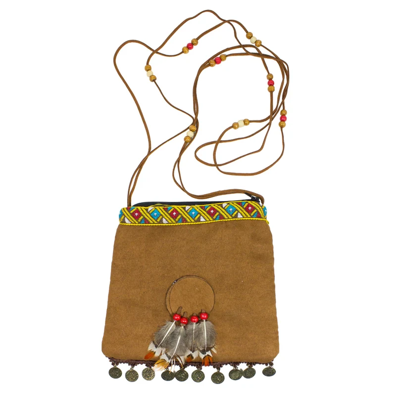 Hippie Umhängetasche mit Federn & Münzen Festival Tasche Braun