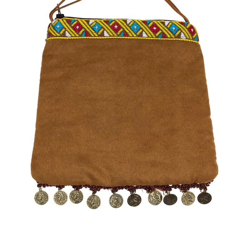 Hippie Umhängetasche mit Federn & Münzen Festival Tasche Braun