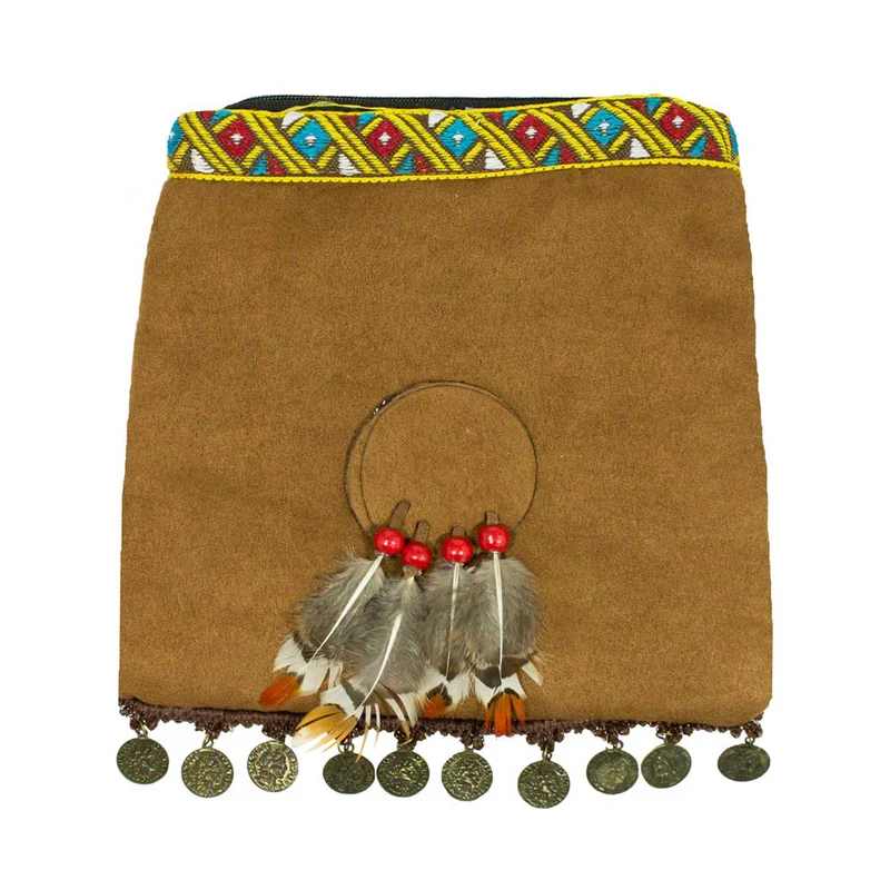 Hippie Umhängetasche mit Federn & Münzen Festival Tasche Braun