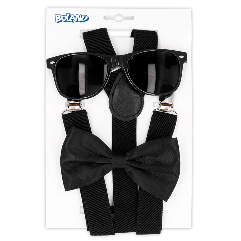 Partyset Hosenträger, Brille und Fliege | Schwarz