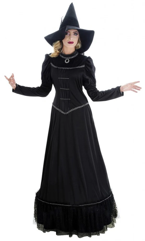Hexen Damenkostüm "Orelie" - Langes Kleid und Hexenhut | Schwarz Silber